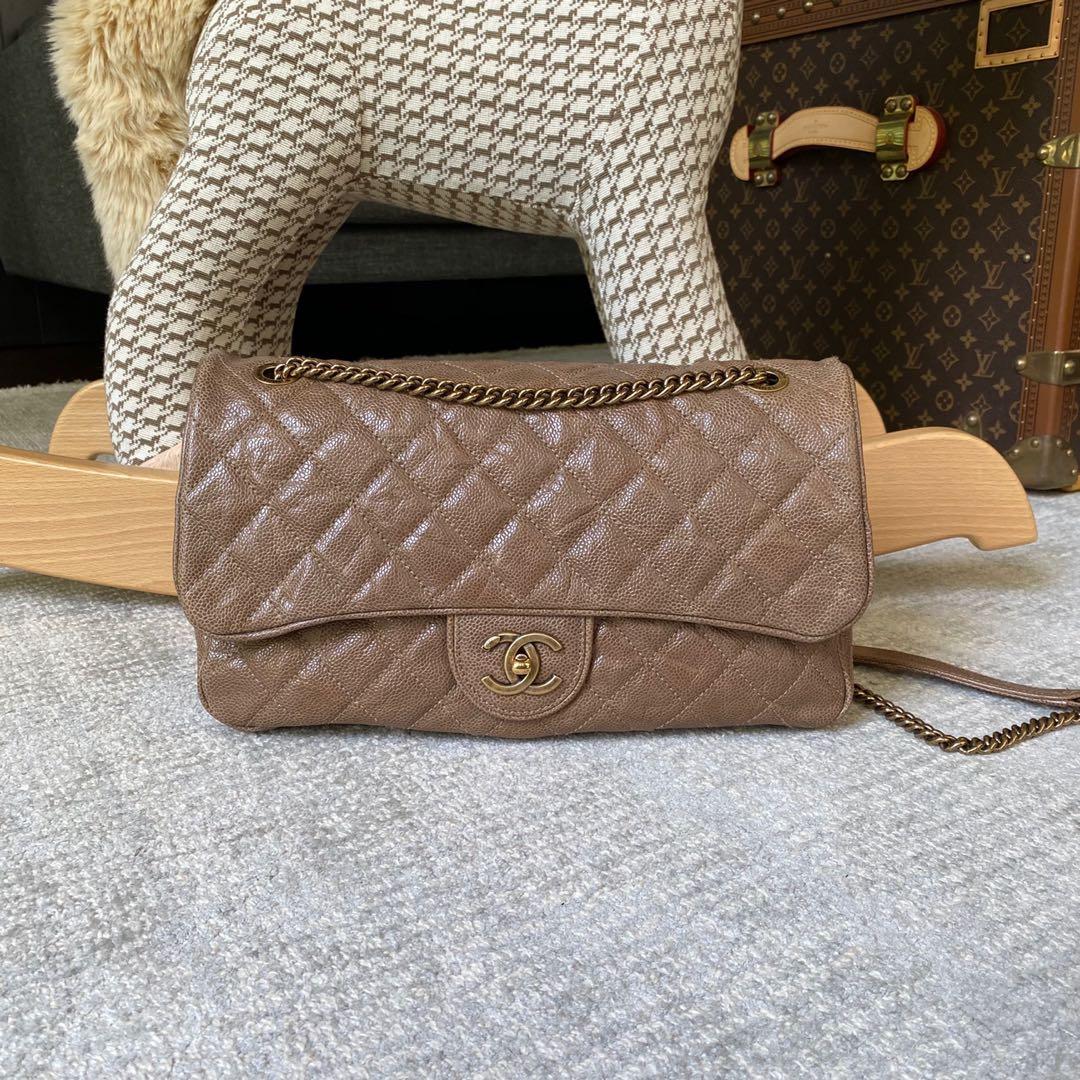 Chanel Brown Quilted Crumpled Caviar Leather Large Shiva Flap Bag