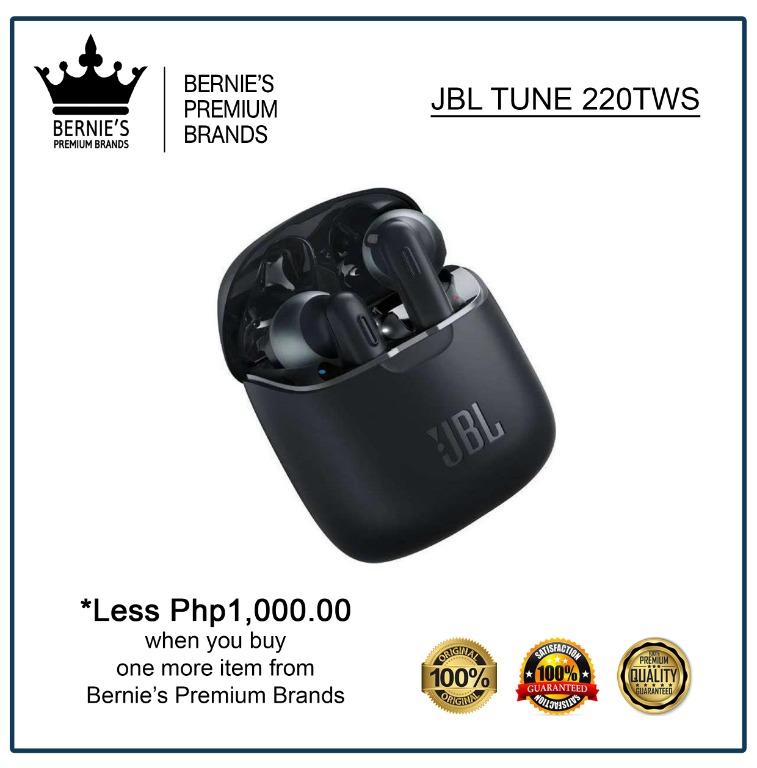 JBL TUNE 220TWS (Category: Earphones) located in Pasay City. Submitted by premiumbrands (Listing ID 1036782613, Image 1). Description: 100% Certified Original/Genuine product. Everything is brand new, and factory sealed. Available, and ready for FREE delivery via LBC Hong Kong (3-7 days LBC schedule). Check out our FACEBOOK pages: Bernie's Premium Brands - Gadgets Bernie's Premium Brands – Women .