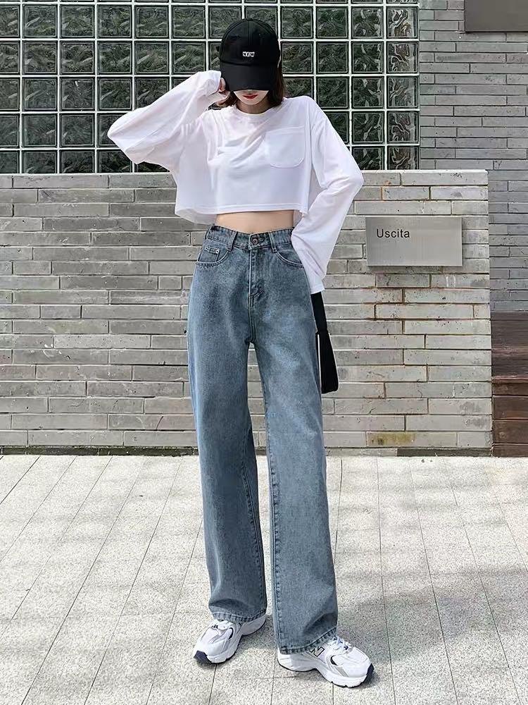 Korean style high waist loose straight casual blue denim jeans women's  fashion, Women's Fashion, Bottoms, Jeans & Leggings on Carousell