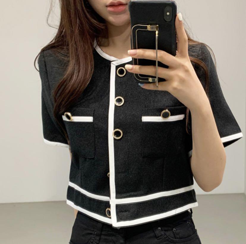 Outline Contrast Korean Kfashion K Fashion Top Black White Blue Grey Office Wear Work Workwear Formal Semi Smart Casual Button Up Korea Women S Fashion Tops Blouses On Carousell