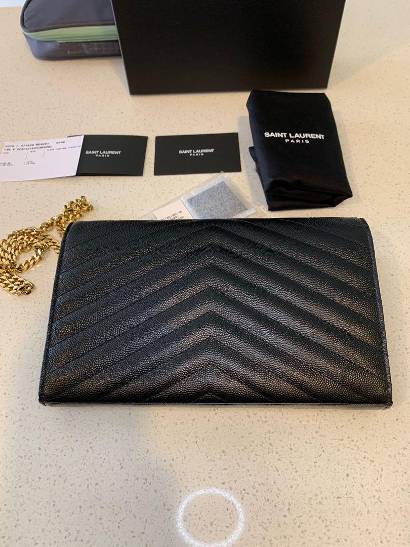 YSL wallet on chain (WOC) in dark grey smog, Luxury, Bags & Wallets on  Carousell