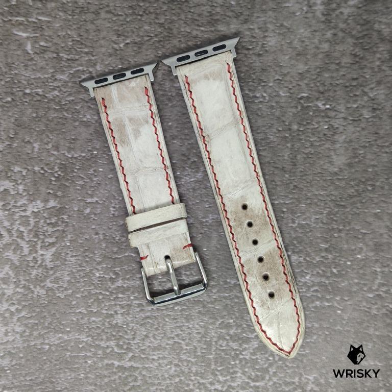Exotic White Himalayan Crocodile Leather Strap With Red Contrast Stitch For Apple Watch Iwatch One Piece Only Once Sold No More Similar One Suitable Apple Watch Series 1 2 3 4 5 6 In Size 38mm 40mm 42mm 44mm Men S