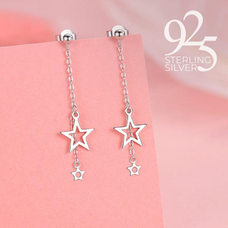 Genuine 925 sterling silver Stars threader earrings Stars