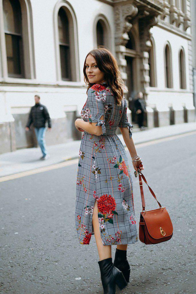 Mango Floral Houndstooth Midi Deep V Neck Dress