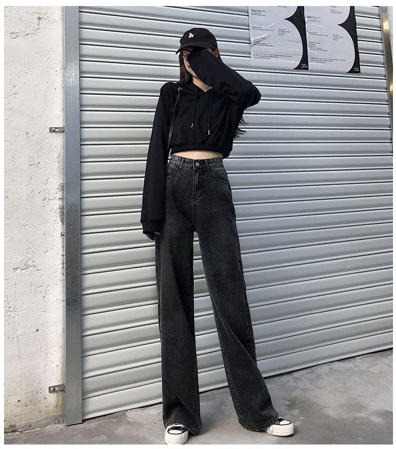 NEW] Korean style high waist loose wide straight casual black denim jeans  [women's fashion], Women's Fashion, Bottoms, Jeans & Leggings on Carousell