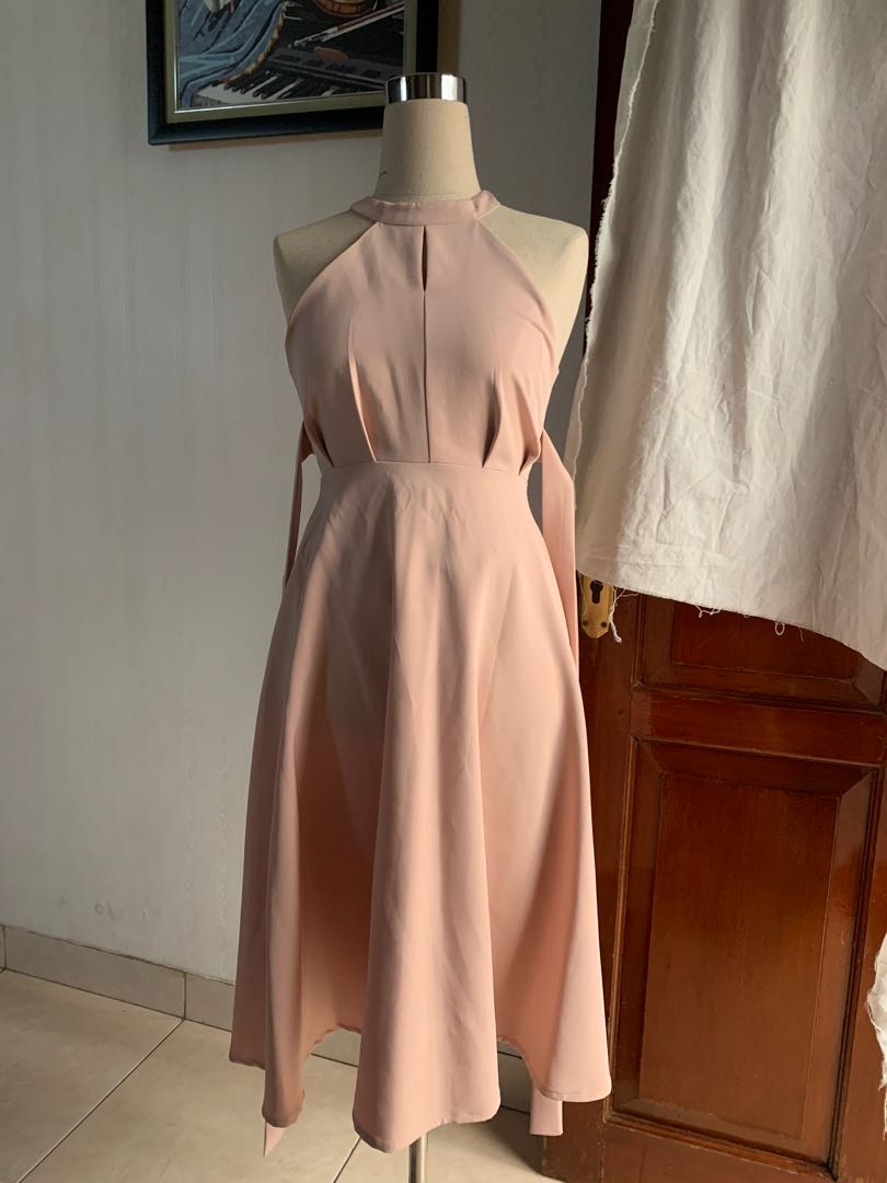 Pink Midi Dress Halter Neck, Fesyen Wanita, Pakaian Wanita, Gaun & Rok