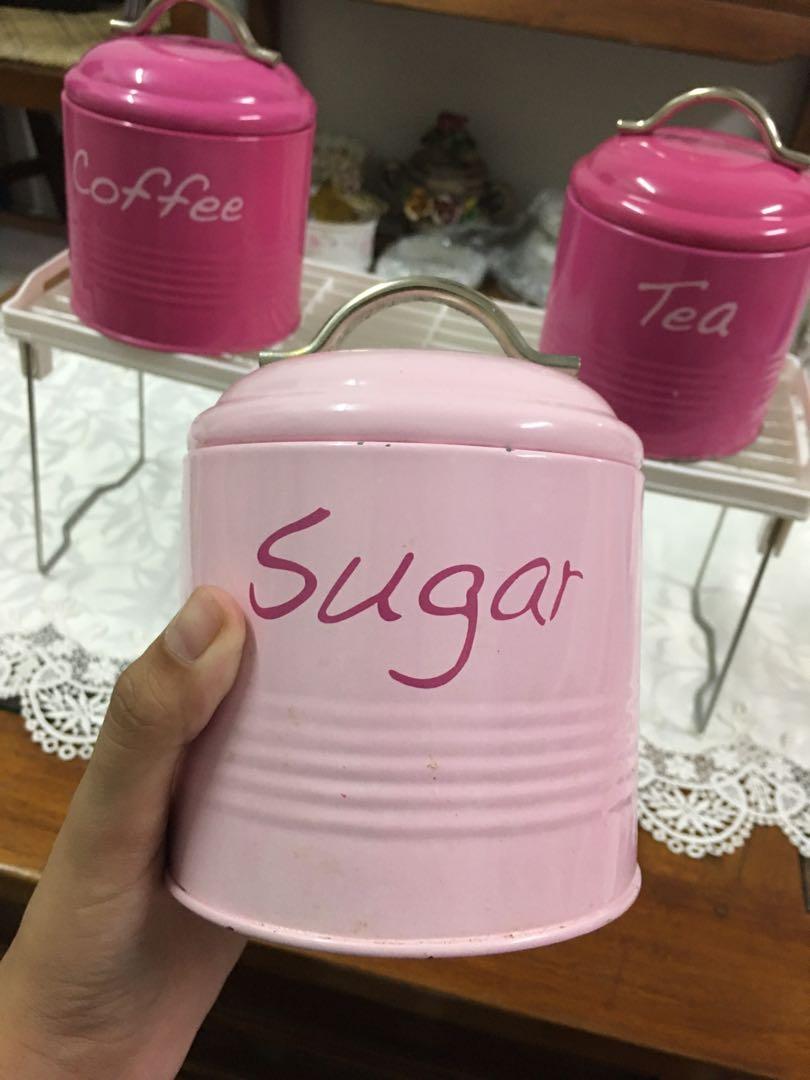 Preloved Light pink tea coffee sugar canisters jar food storage