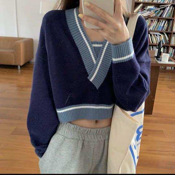 1312 tumblr basic ulzzang jersey stripe varsity vintage y2k retro colourblock v neck crop knitted sweater