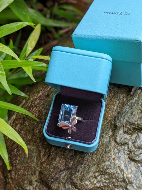 Authentic Love Bug 18K Rose Gold Silver Blue Topaz Butterfly Ring