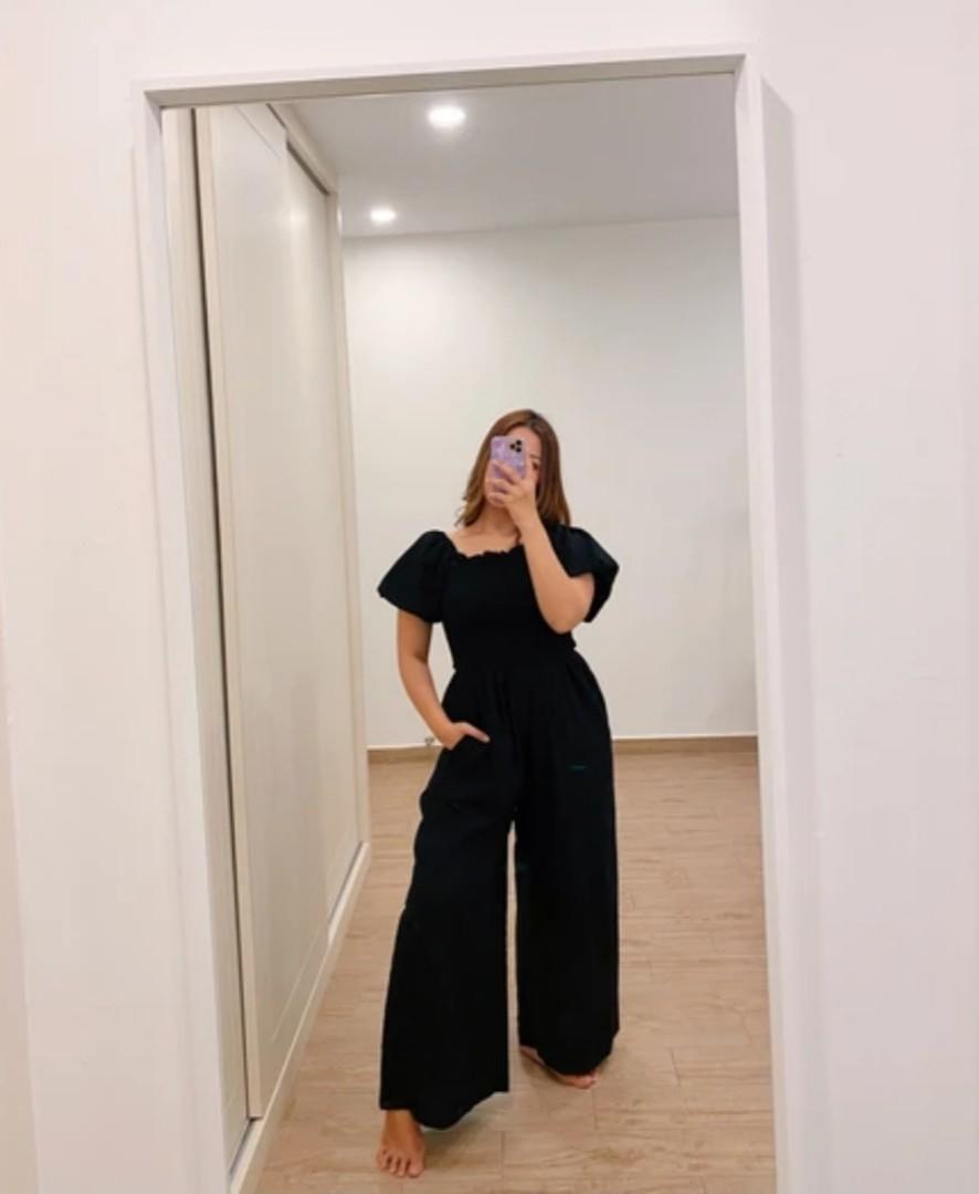 black smocked jumpsuit