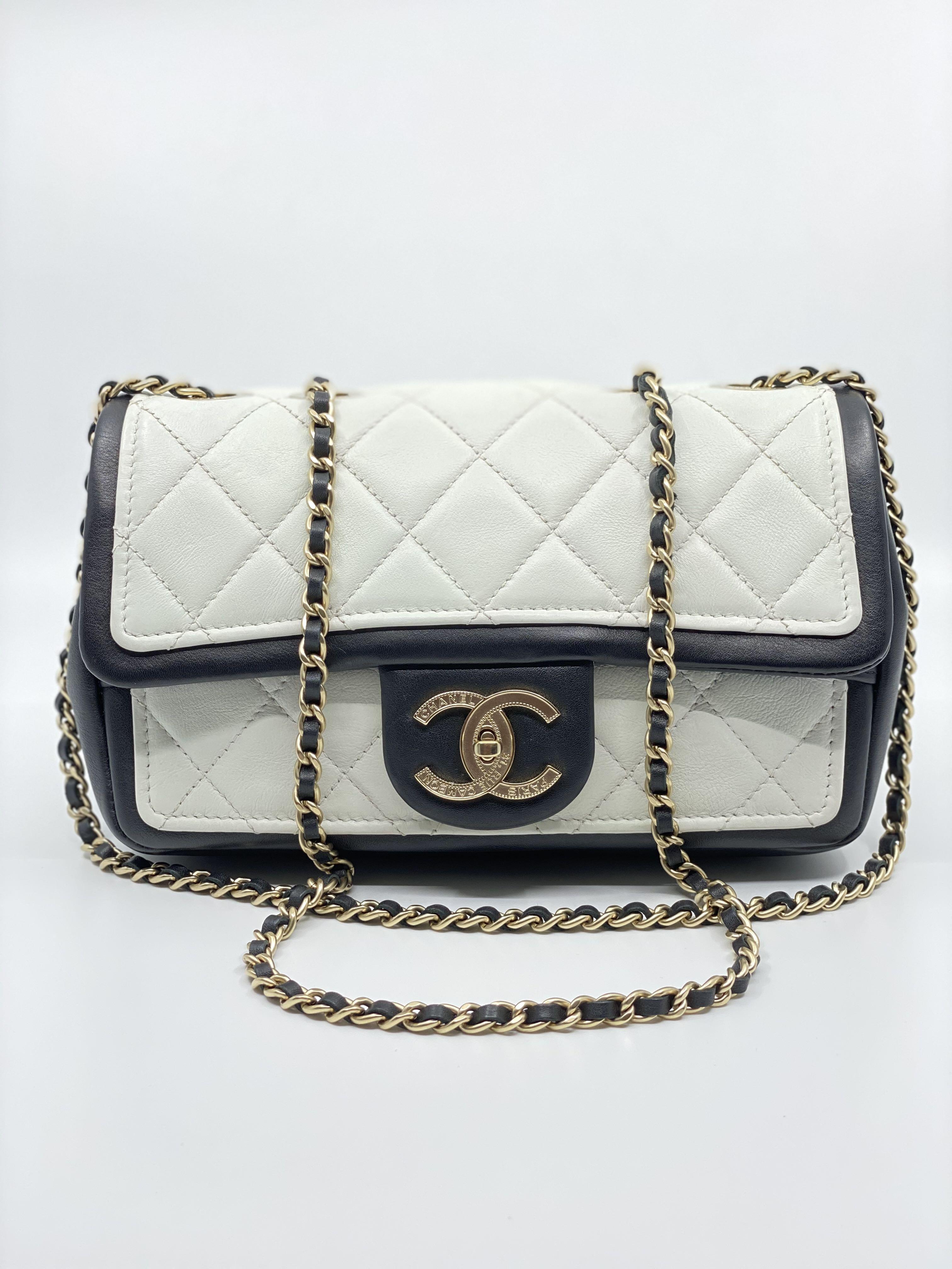 Chanel Graphic Flap Bag Quilted Calfskin Small black and white matte gold  hardware 19xxxxxx, Luxury, Bags & Wallets on Carousell
