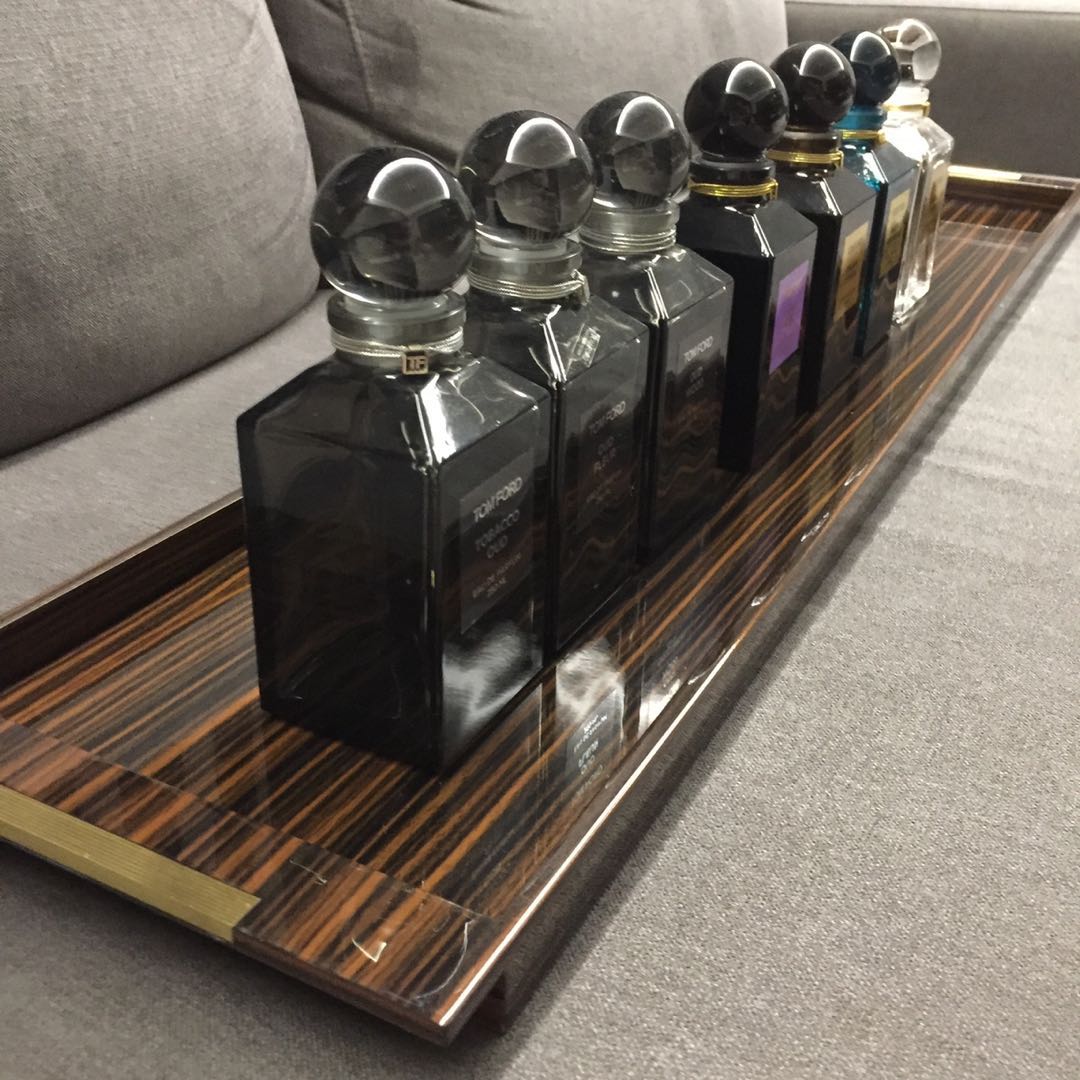 Fragrance tray wood with metal trim handle(stain), Furniture & Home Living,  Furniture, Other Home Furniture on Carousell