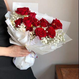 Free Delivery | Roses with Baby Breath Bouquet /七夕情人节花束/玫瑰花束 / Fresh flower bouquet  flower delivery 鲜花运送