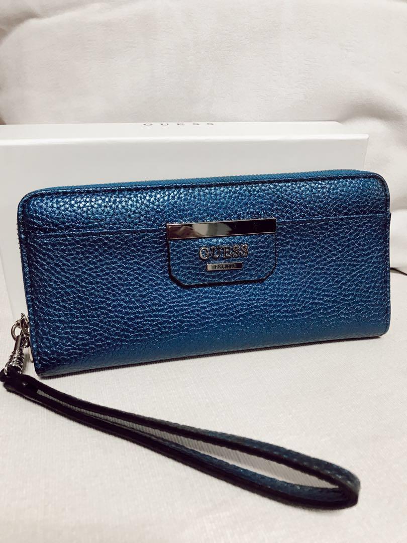 Guess Bobbi Pebble Large Zip Around Wallet blue