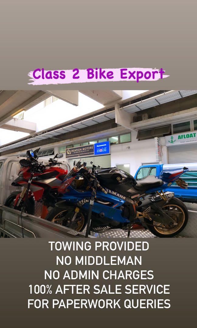 High Export Value (Category: Class 2) located in Singapore. Submitted by creation.motorworld (Listing ID 1037081317, Image 1). Description: Export Service available at Creation Motors! Export / Scrap your motorcycle with us at the highest price possible 💰💵 Bike in bad condition ? No problem we can arrange towing for you (FOC) or you can drop by at our place! 100% guaranteed ✅ No Middleman ✅ No administration charges ✅ Competitive Price ✅ Legal 