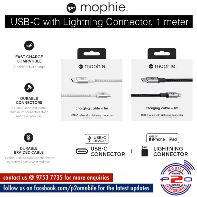 Mophie USBC Cable with Lightning Connector, 1 meter, Mobile Phones