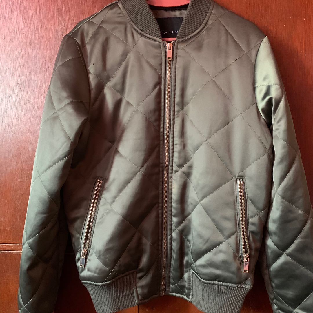 Army Green Quilted Satin Bomber Jacket, Women's Fashion, Coats, Jackets