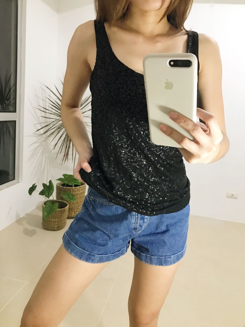 Black Sequin Short Sleeve Top