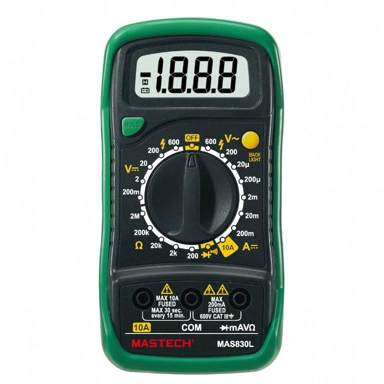 Mastech Digital Electronic Circuit Board Electric Power Voltmeter Ohmmeter Multimeter Volt Ohm Multi Meter Tester (Category: Electrical, Adaptors & Sockets) located in Manila. Submitted by kpicx (Listing ID 1037366739, Image 3). Description: FEATURES: ● Display 2000 counts ● Diode Open Voltage 3.0V ● Data Hold ● Low Battery Display ● Continuity Buzzer <70 ±30Ω ● Display Backlight ● Power Supply : 1x9V 6F22 Battery ● Product Size : 145mmx76mmx40mm