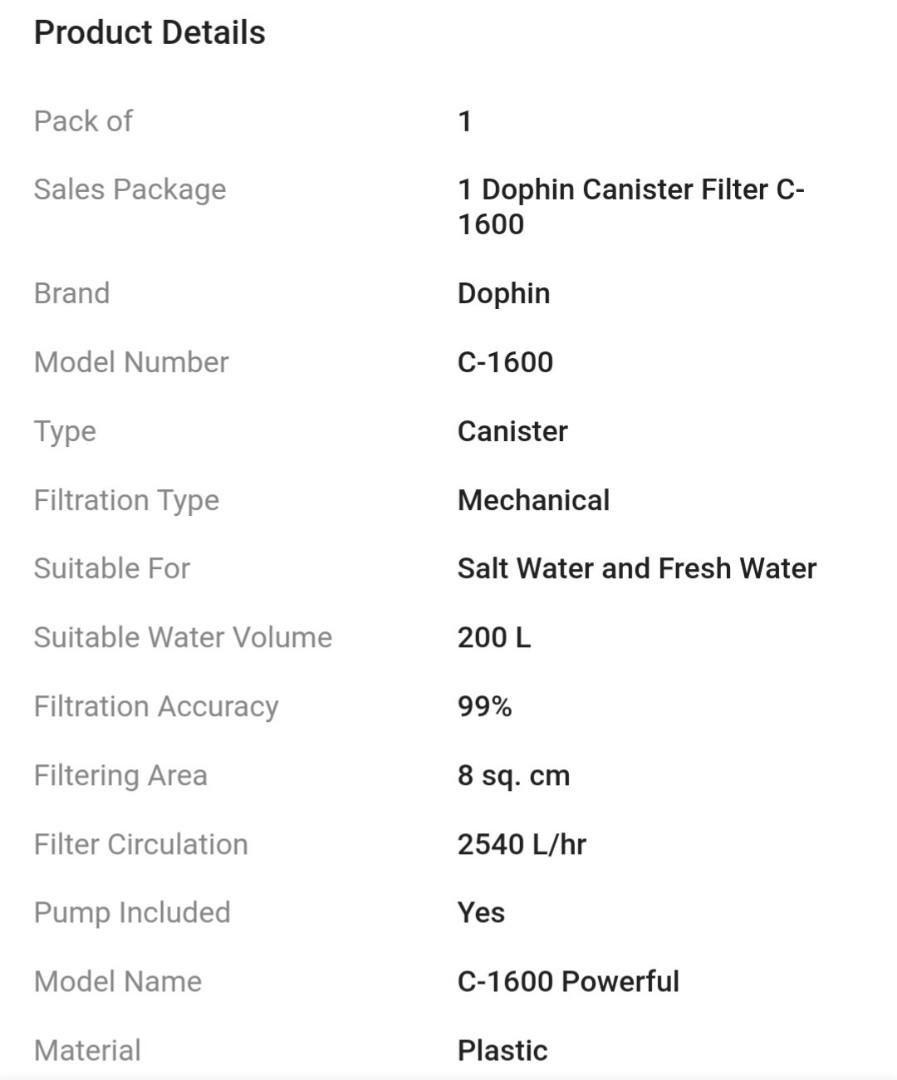 Dophin C1600 canister fish tank filter, Pet Supplies, Homes & Other Pet ...