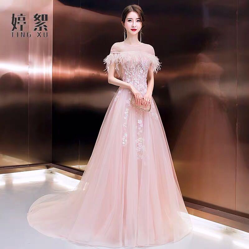 Pink Feather Long Gown Women s Fashion Dresses Sets Evening