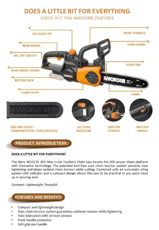 WORX WG322E 20V 2.0Ah Max Lithium Ion 25cm Cordless Compact Chain