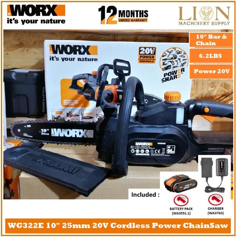 Worx Wg322e 20v 2 0ah Max Lithium Ion 25cm Cordless Compact Chain Saw With Everything Else Others On Carousell