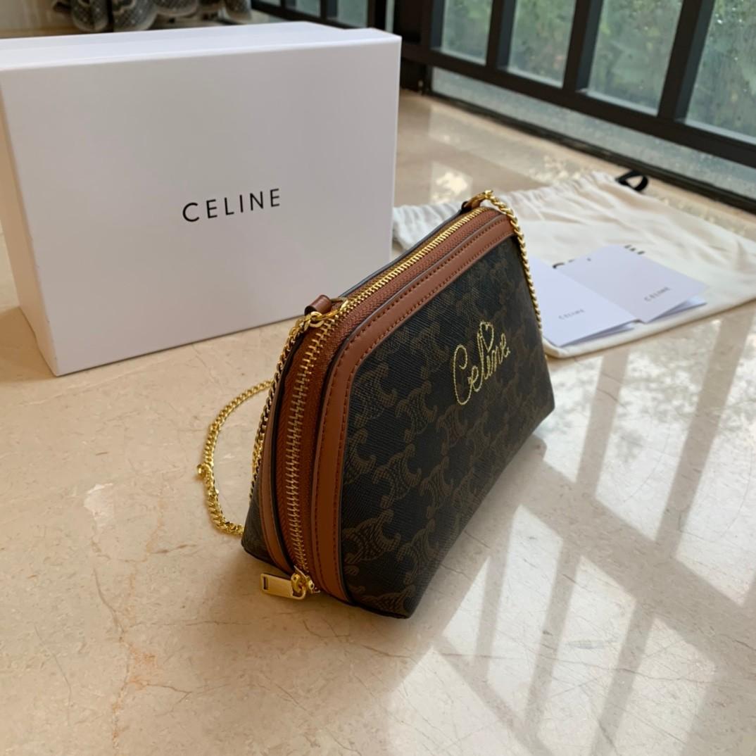 clutch with chain in triomphe canvas with embroidered celine