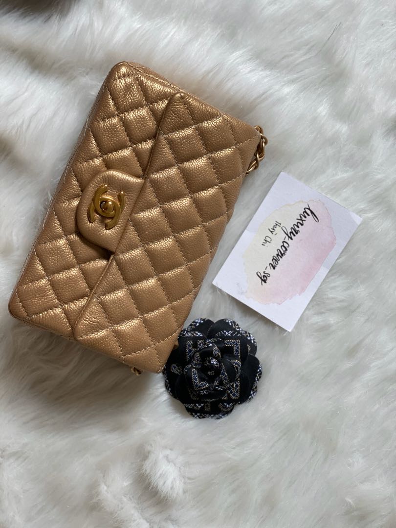 Chanel 15C mini rectangular caviar pearly gold, Luxury, Bags & Wallets on  Carousell