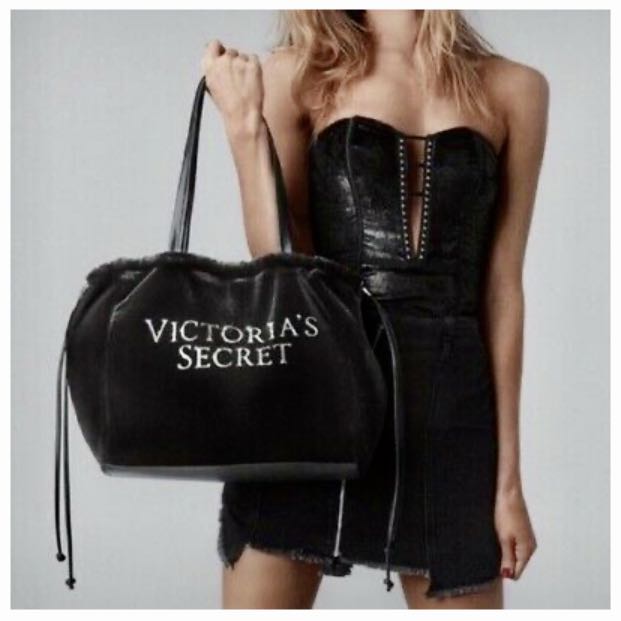 Victorias Secret Luxe Velvet Tote Bag VS Logo Black Embellished