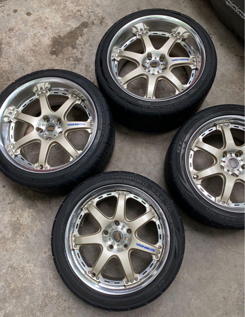 Volk racing GT-7 (Category: Mags and Tires) located in Quezon City. Submitted by vjl21 (Listing ID 1037619466, Image 2). Description: Volk Racing GT-7 Made by Rays Engineering Japan Super rare spec One and only set in the Philippines Double staggered wheels 2pc wheel construction cast center forged barrel Bolt pattern 5x114.3 Pristine condition overall No issues Complete hardware Rays center caps Rays valve stems Rays valve cover Rays stickers Fr