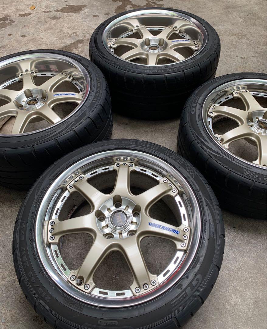 Volk racing GT-7 (Category: Mags and Tires) located in Quezon City. Submitted by vjl21 (Listing ID 1037619466, Image 1). Description: Volk Racing GT-7 Made by Rays Engineering Japan Super rare spec One and only set in the Philippines Double staggered wheels 2pc wheel construction cast center forged barrel Bolt pattern 5x114.3 Pristine condition overall No issues Complete hardware Rays center caps Rays valve stems Rays valve cover Rays stickers Fr