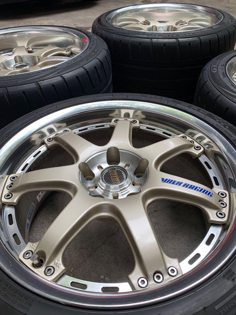 Volk racing GT-7 (Category: Mags and Tires) located in Quezon City. Submitted by vjl21 (Listing ID 1037619466, Image 3). Description: Volk Racing GT-7 Made by Rays Engineering Japan Super rare spec One and only set in the Philippines Double staggered wheels 2pc wheel construction cast center forged barrel Bolt pattern 5x114.3 Pristine condition overall No issues Complete hardware Rays center caps Rays valve stems Rays valve cover Rays stickers Fr
