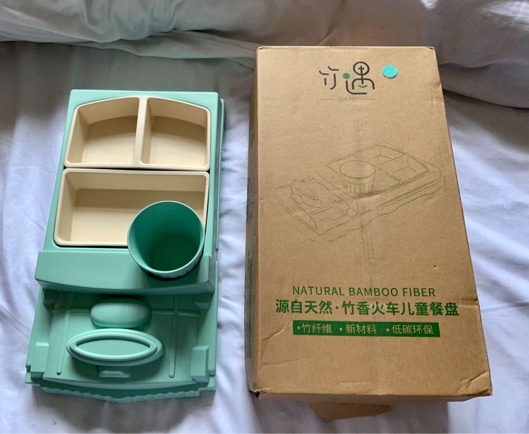 Bamboo Tableware set for Kids (green train) (Category: Weaning & Toddler Feeding) located in Pasig City. Submitted by jjsm1316 (Listing ID 1037665080, Image 3). Description: 4-piece set With box but box is deformed and has a tear.