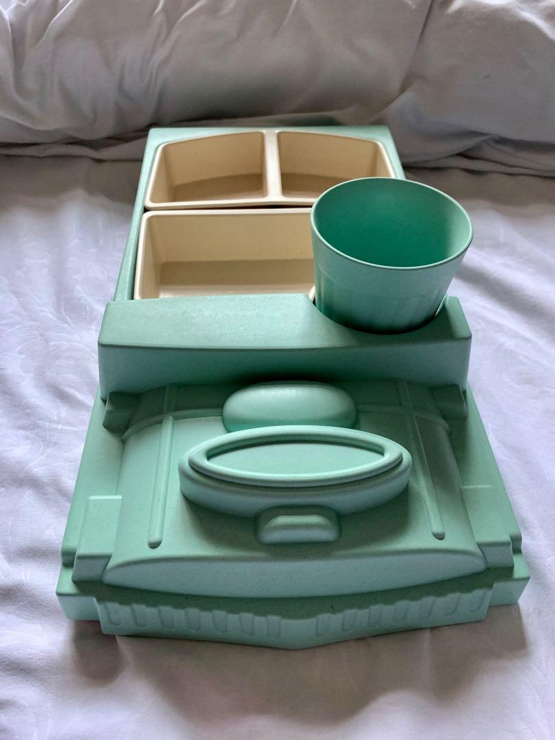 Bamboo Tableware set for Kids (green train) (Category: Weaning & Toddler Feeding) located in Pasig City. Submitted by jjsm1316 (Listing ID 1037665080, Image 2). Description: 4-piece set With box but box is deformed and has a tear.