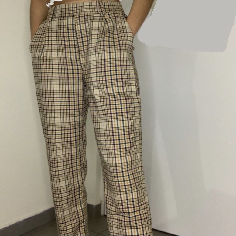 BERSHKA yellow plaid cuffed pants Women s Fashion Bottoms Other