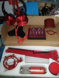 All RED Limited Edition BM-800 Condenser Microphone and V8 Pro.Sound Card Complete Set - All Metal Shock Mount, Mic Shield Windscreen, Flexible Scissor Boom Arm , Fantech Headset Stand with FREE USB Sound Card, Mic Head Foam and Sony Headphone