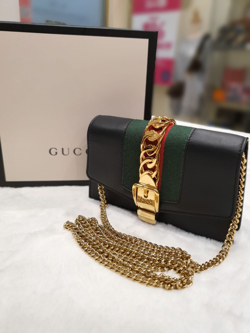 GUCCI Calfskin Super Mini Sylvie Chain Shoulder Bag Black 277113