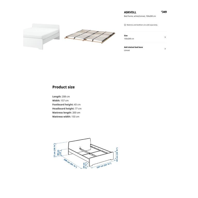 IKEA ASKVOLL Bedframe + LONSET Bed Base + HAFSLOT Sprung Mattress + 1
