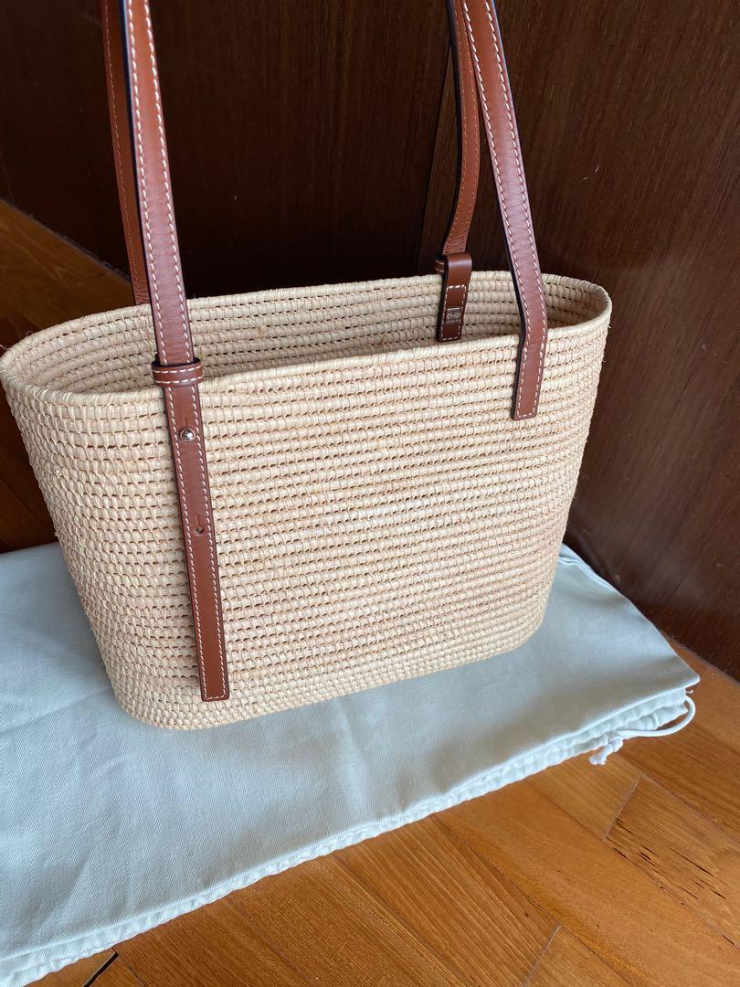 Loewe Small Square Basket bag in raffia and calfskin Nude