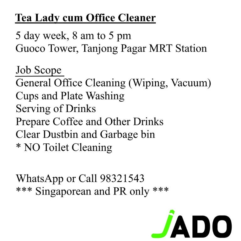 Tea Lady cum Office Cleaning, Jobs, Cleaning on Carousell