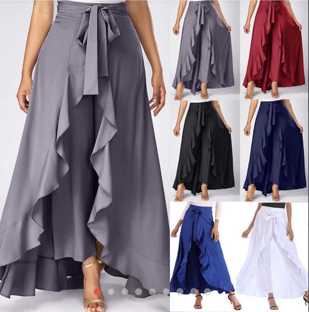 Women's Ruffle Pants Split High Waist Maxi Long Crepe Palazzo Overlay Pant  Skirt
