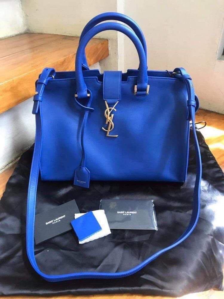 YSL YVES SAINT LAURENT BLUE CALFSKIN LEATHER BABY MONOGRAM CABAS BAG