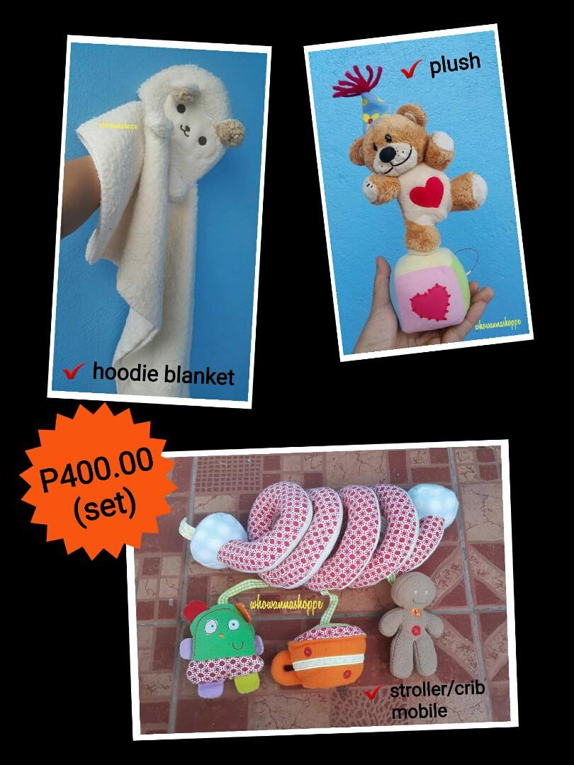 BABY STUFF Set (Category: Cots & Cribs) located in Mabalacat. Submitted by whowannashoppe (Listing ID 1038036318, Image 1). Description: BABY STUFF Set 🏷 P400.00 (set of 3) + SF Set includes: ▪1 pc hoodie blanket ▪1 pc bear plush ▪1 pc stroller/crib mobile ✔ new (no tags) ✔ last price posted ➡ cross-posted. PM for availability. ✔ swipe photos for set's details. 📍 Location: PAMPANGA 🚛 Courier: JRS Express or J&T Express ➡ MOP: GCash, Lhuillier,