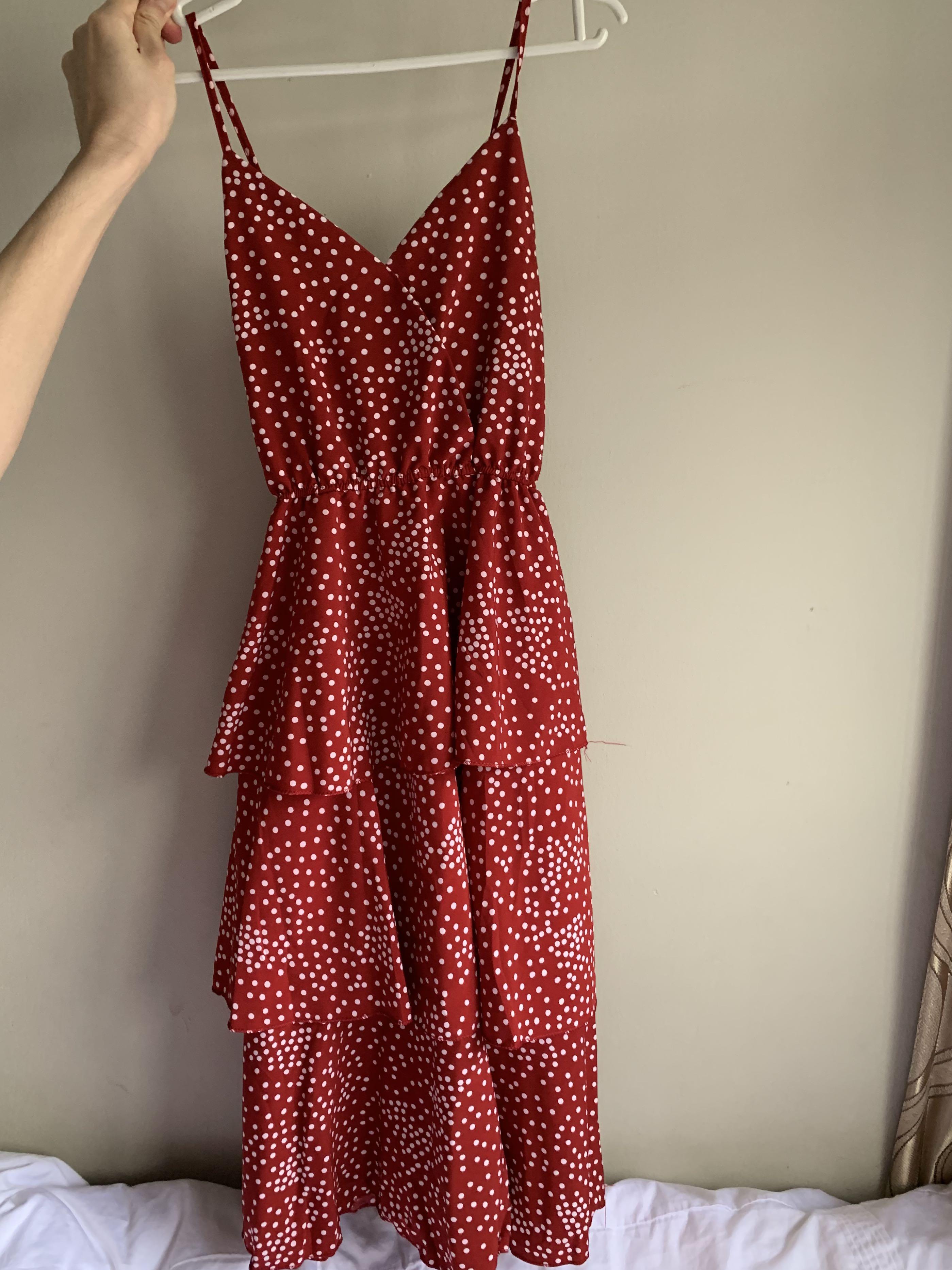 Red polka dot layered ruffle dress