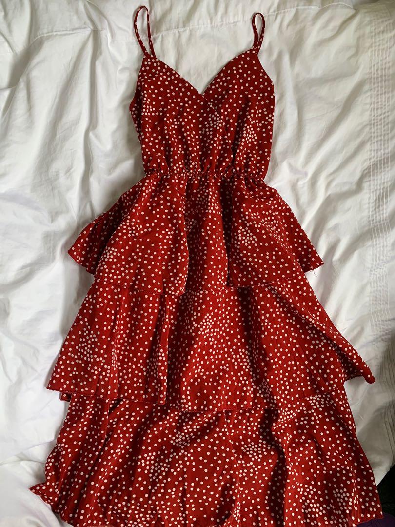 Red polka dot layered ruffle dress