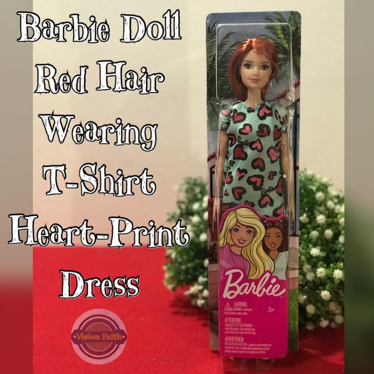 Barbie Doll Red Hair Wearing T Shirt Heart Print Dress Hobbies