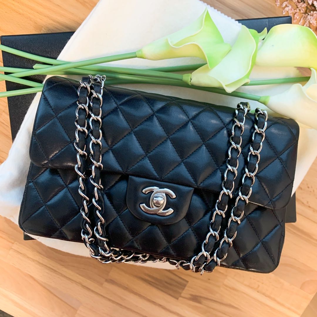 Chanel Small Classic Double Flap Bag in black lambskin silver hardware  [authentic], Luxury, Bags & Wallets on Carousell