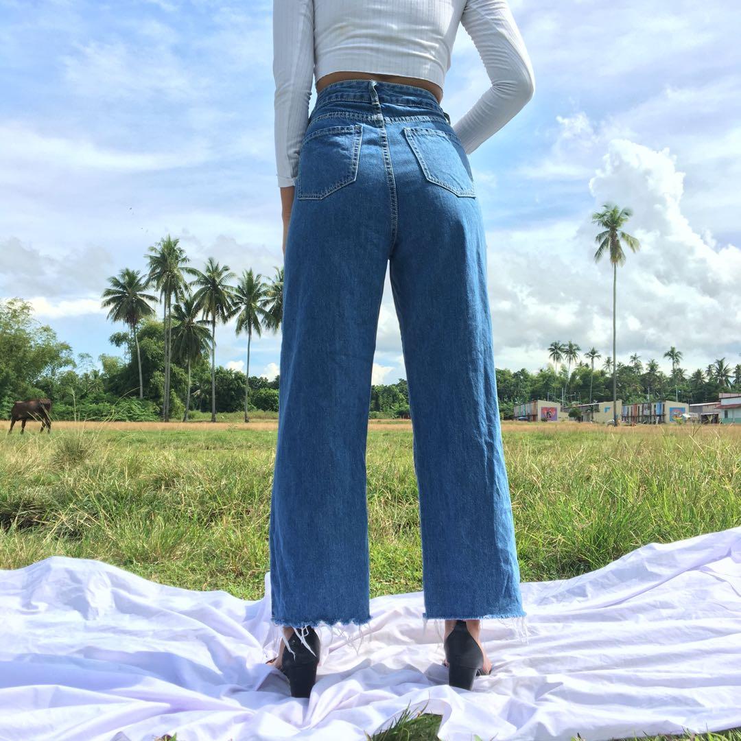 blue high waisted flared jeans
