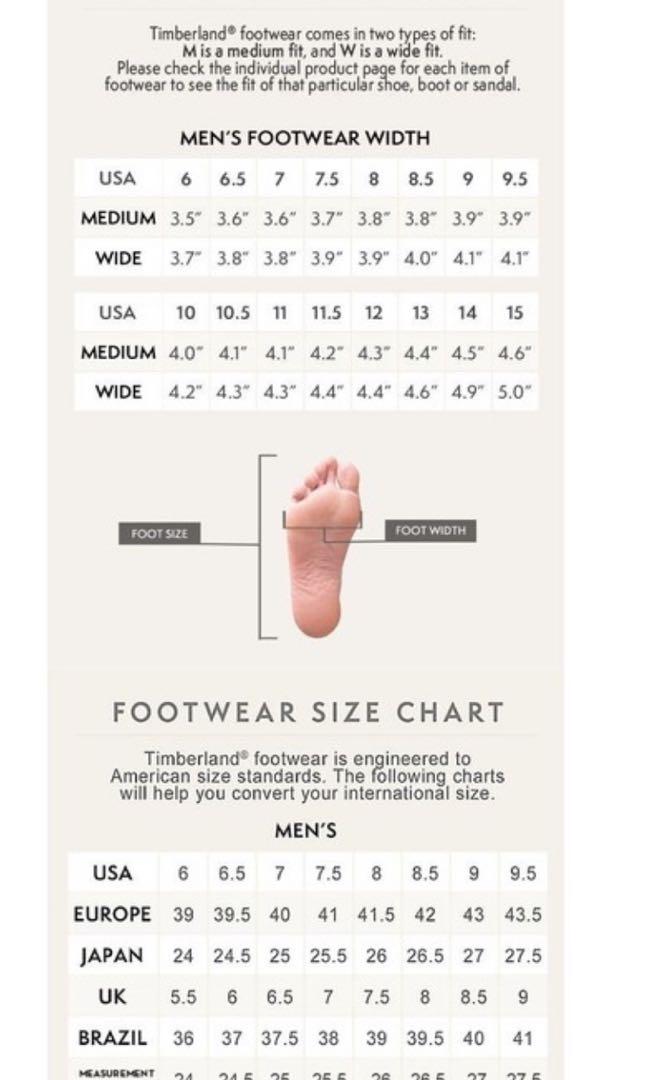 Timberland shoes sales size guide